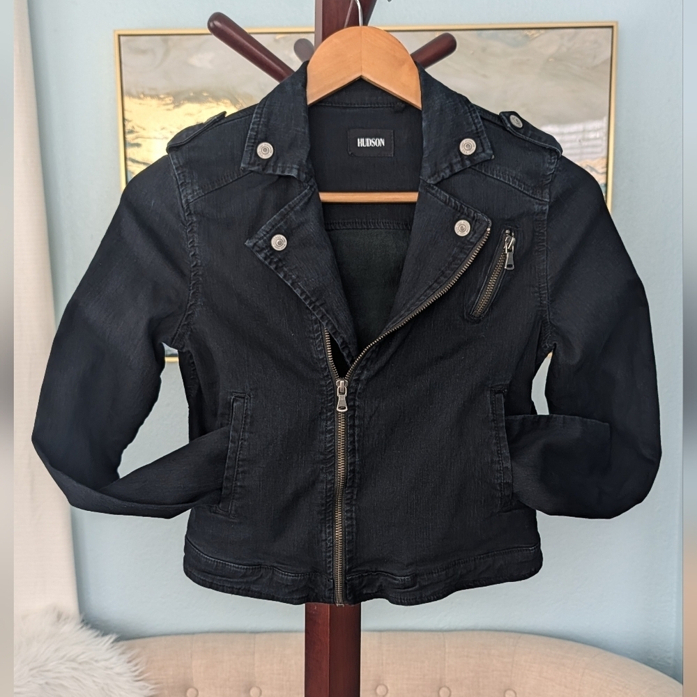 Hudson Crop Denim Moto Dark Blue Jacket Woman's - Picture 7 of 13